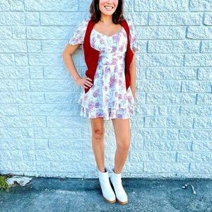 Daisies White Pink Floral Boho Mini Dress Romper with Puff Sleeves Size M